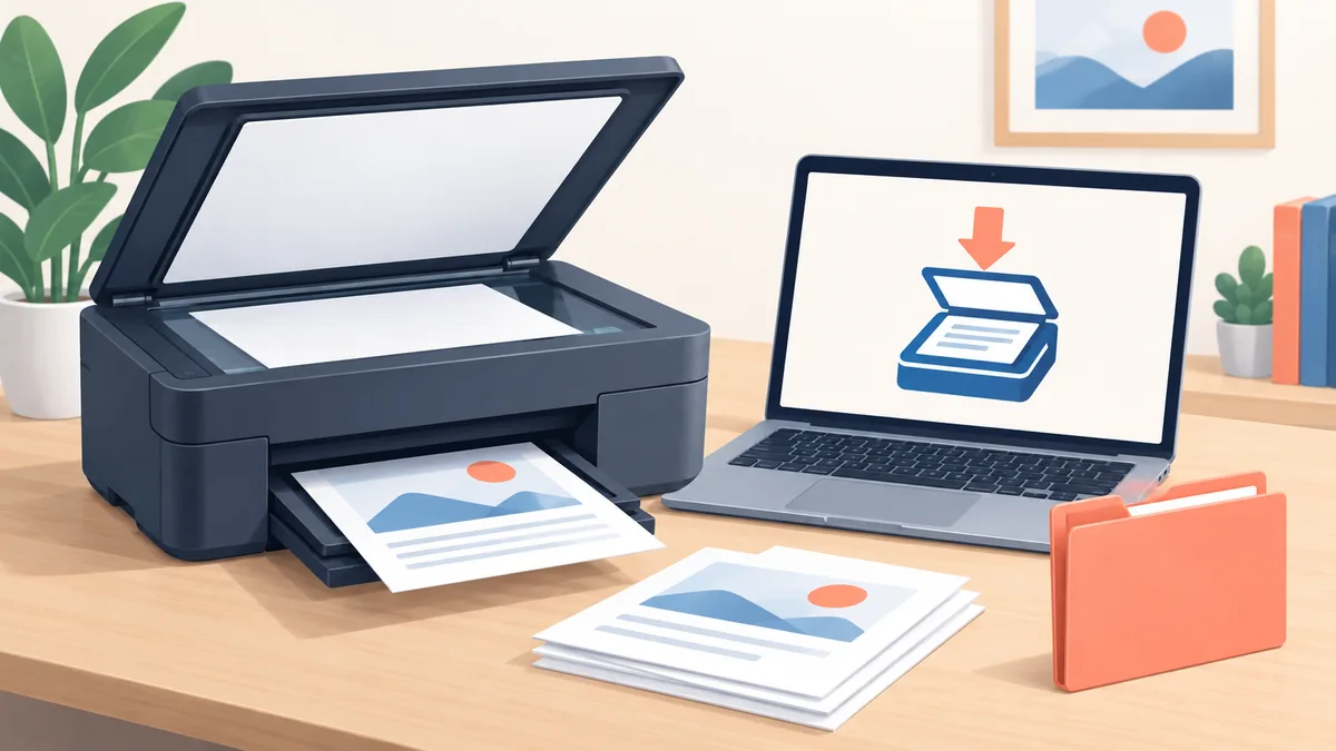 Illustration eines Canon-Scanners, Laptops und gespeicherten Dokuments für eine MP Navigator EX Einrichtungsanleitung