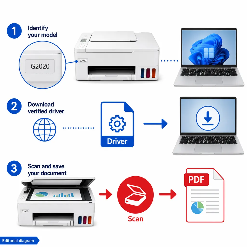 Schéma éditorial du parcours de scan Canon G2020 ; pas une capture Canon officielle