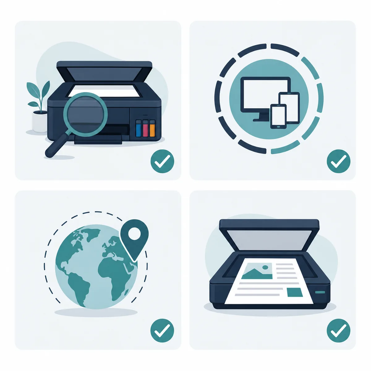 Illustrazione editoriale di una checklist per il download Canon G3000 con modello, sistema, regione e test scanner