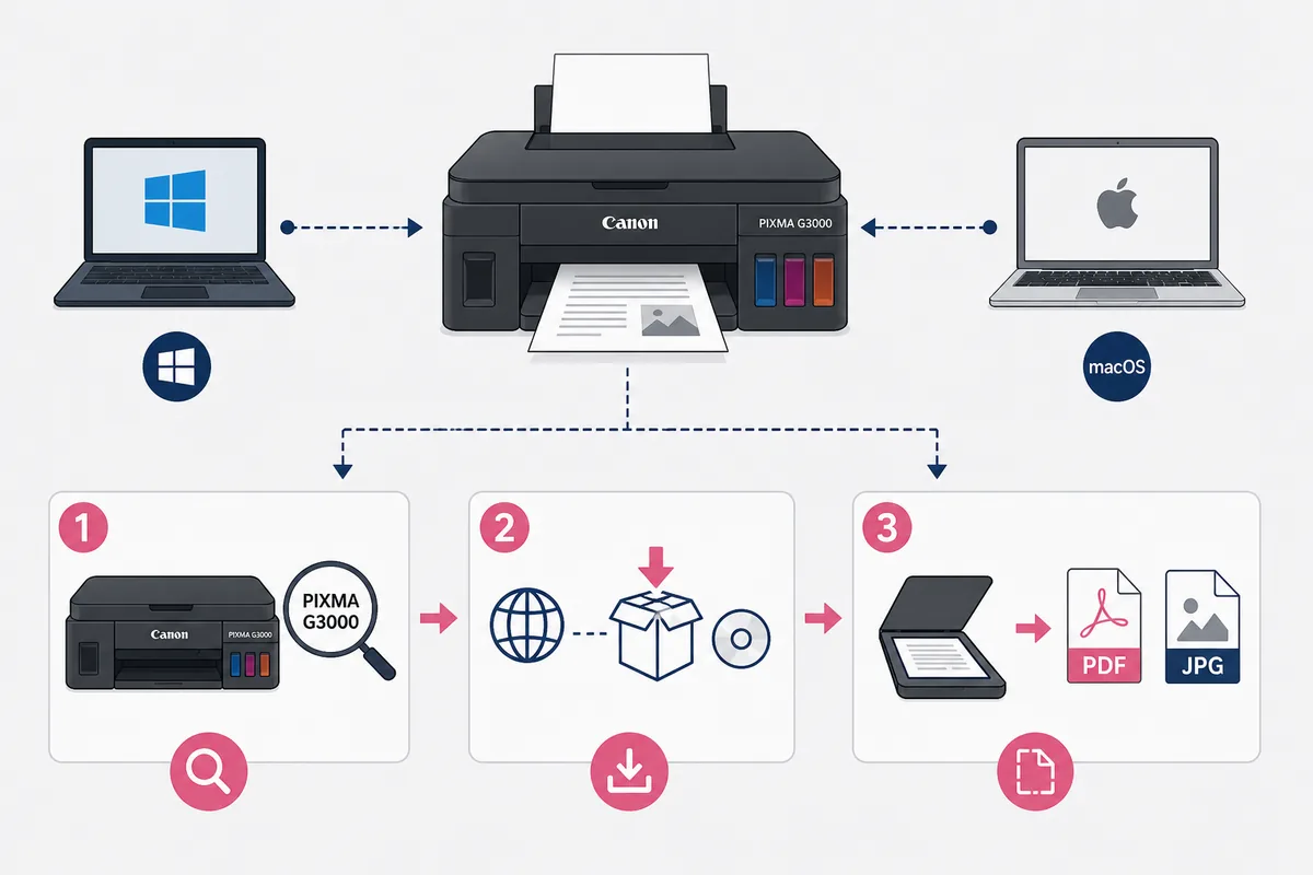 Flusso editoriale che mostra una stampante in stile G3000 collegata a Windows o macOS prima della scansione