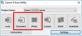 Offizieller Canon-Bildschirm von IJ Scan Utility mit Dokument-, Foto-, Benutzerdefiniert- und ScanGear-Modus