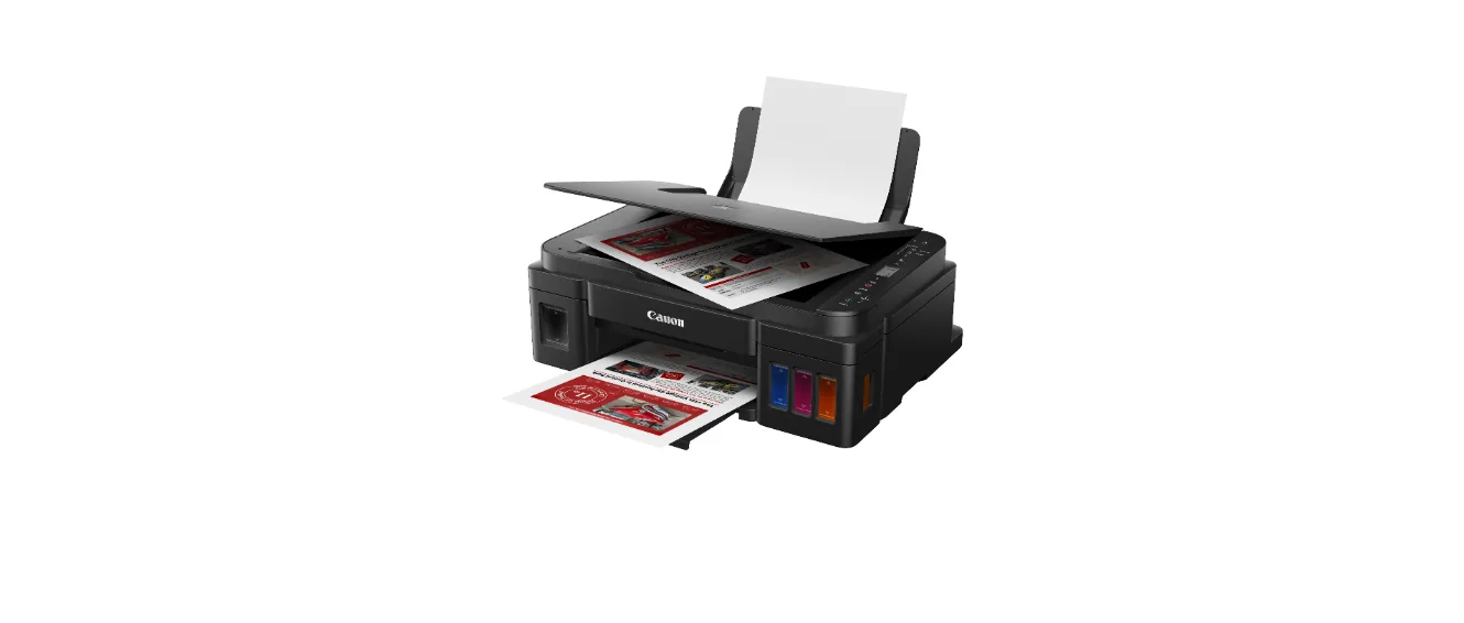 Official Canon G3110 printer shown with a document in the scanner and output tray
