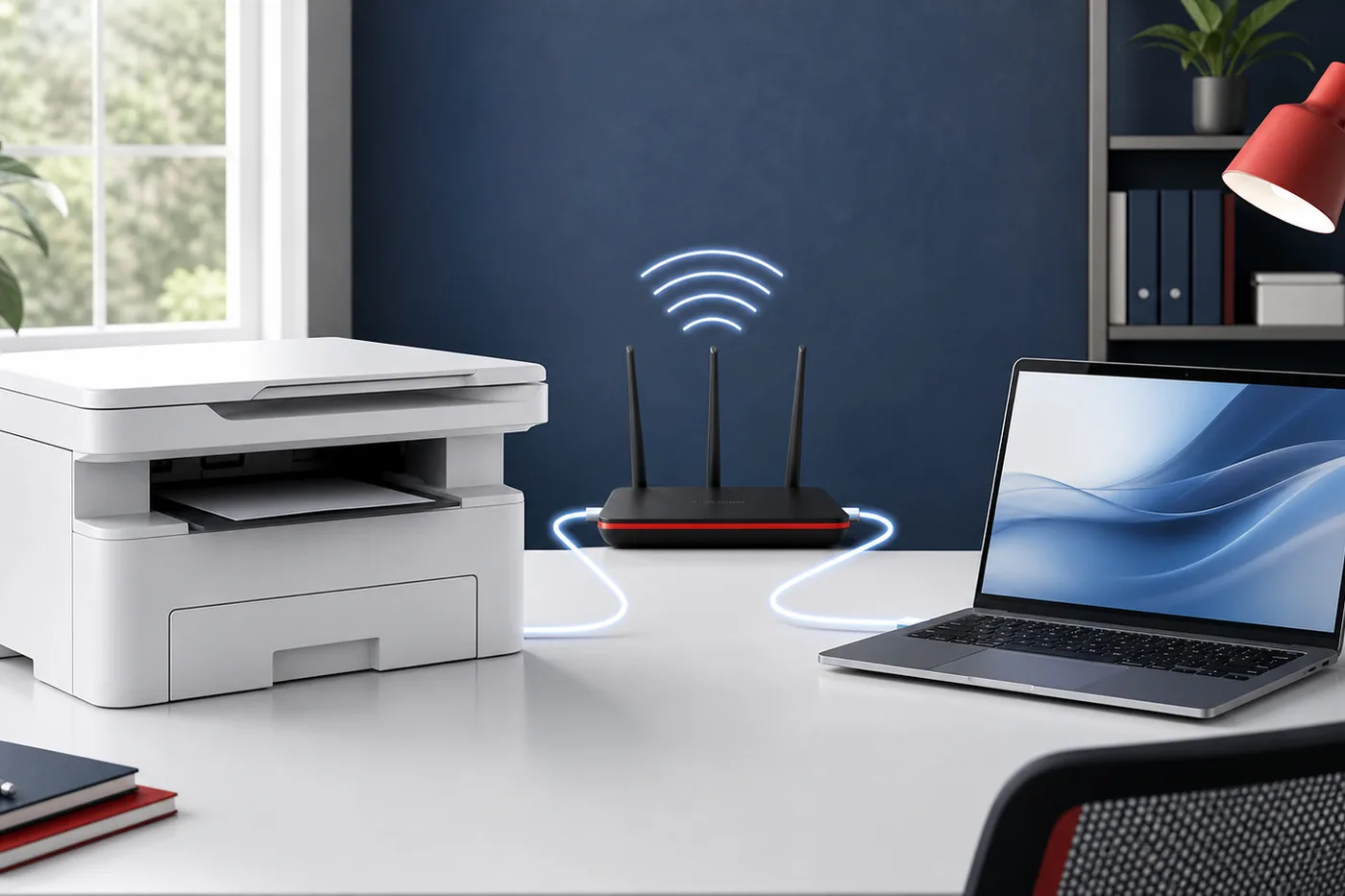 Ilustração editorial de impressora multifuncional, roteador Wi-Fi e notebook para digitalização em rede