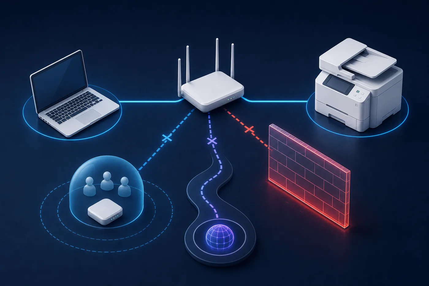 Diagrama editorial com roteador, firewall, rede de convidados, VPN e scanner de rede