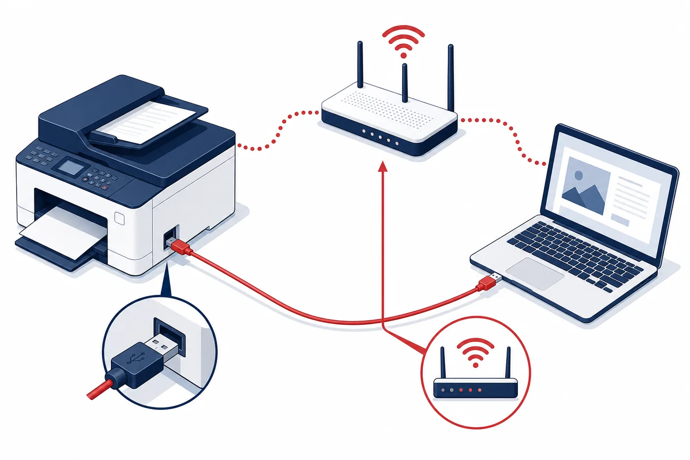 Diagrama editorial comparando caminhos USB e Wi-Fi local entre scanner e computador
