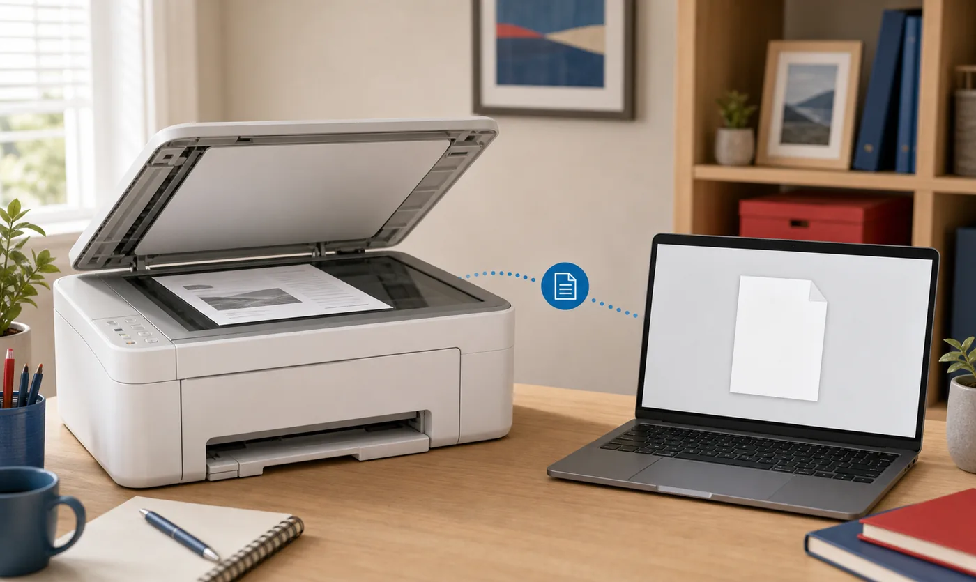 Ilustração de uma impressora multifuncional enviando um documento digitalizado para um notebook
