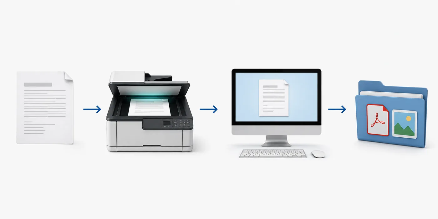 종이 문서를 스캔해 컴퓨터의 PDF 파일로 저장하는 흐름 일러스트