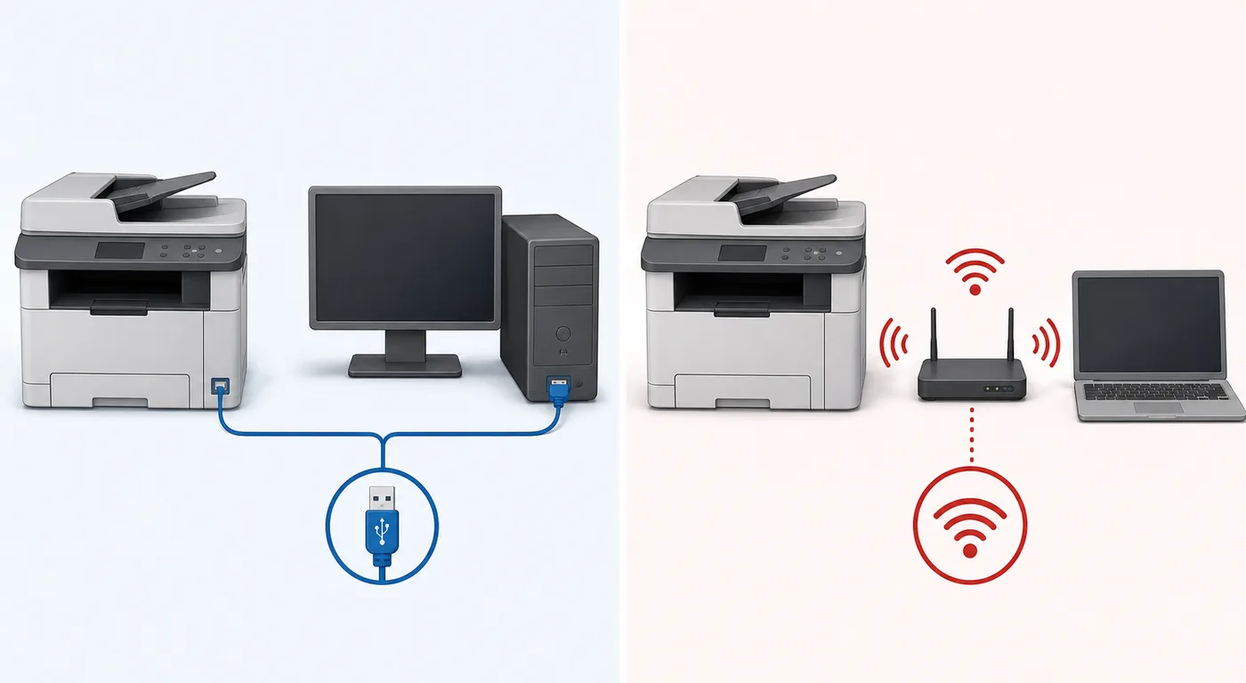 USB 스캐너 연결과 Wi‑Fi 스캐너 연결을 비교하는 일러스트